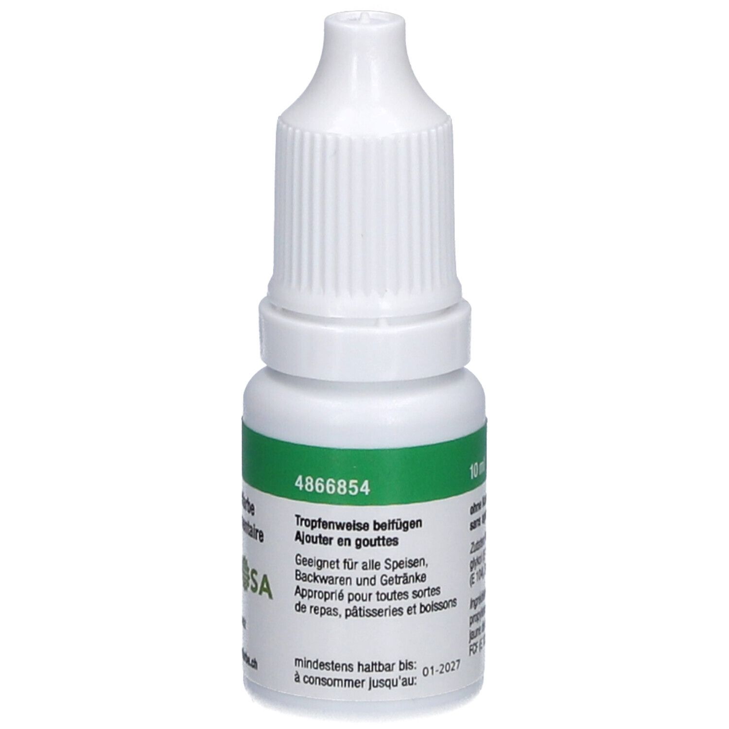 Flacon blanc avec étiquette verte. Inscription : 10 ml, ajouter en gouttes. A consommer de préférence avant 01-2027.