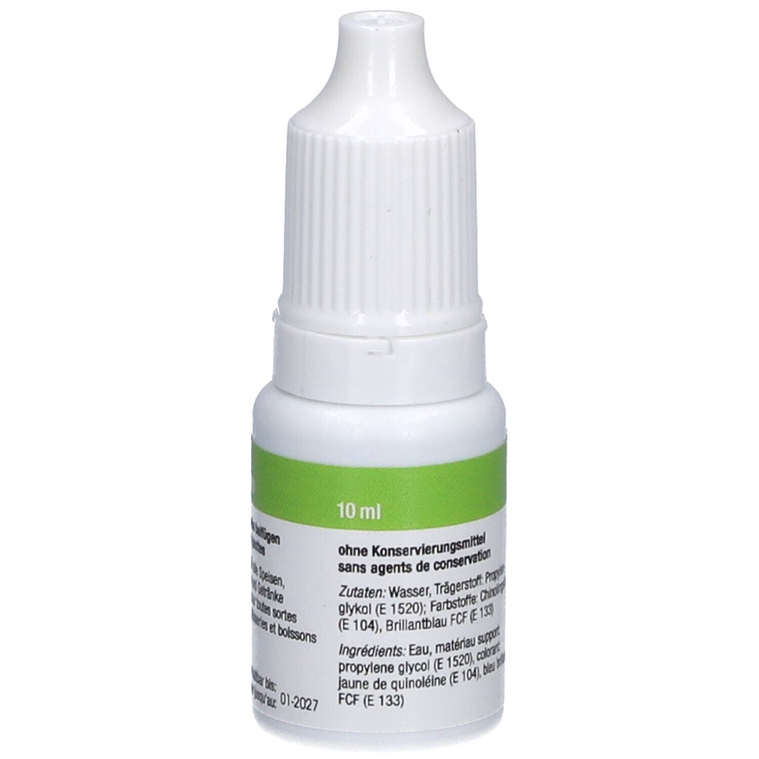 Flacon compte-gouttes blanc avec bande verte. Inscription: 10 ml. Liste des ingrédients et autres informations.