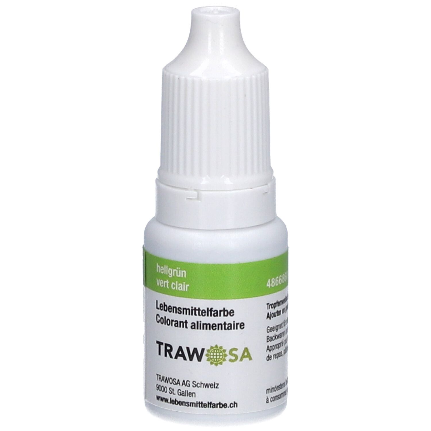Flacon compte-gouttes blanc avec bande verte. Inscriptions: TRAWOSA, vert clair, et "Colorant alimentaire". Numéro 4866860.