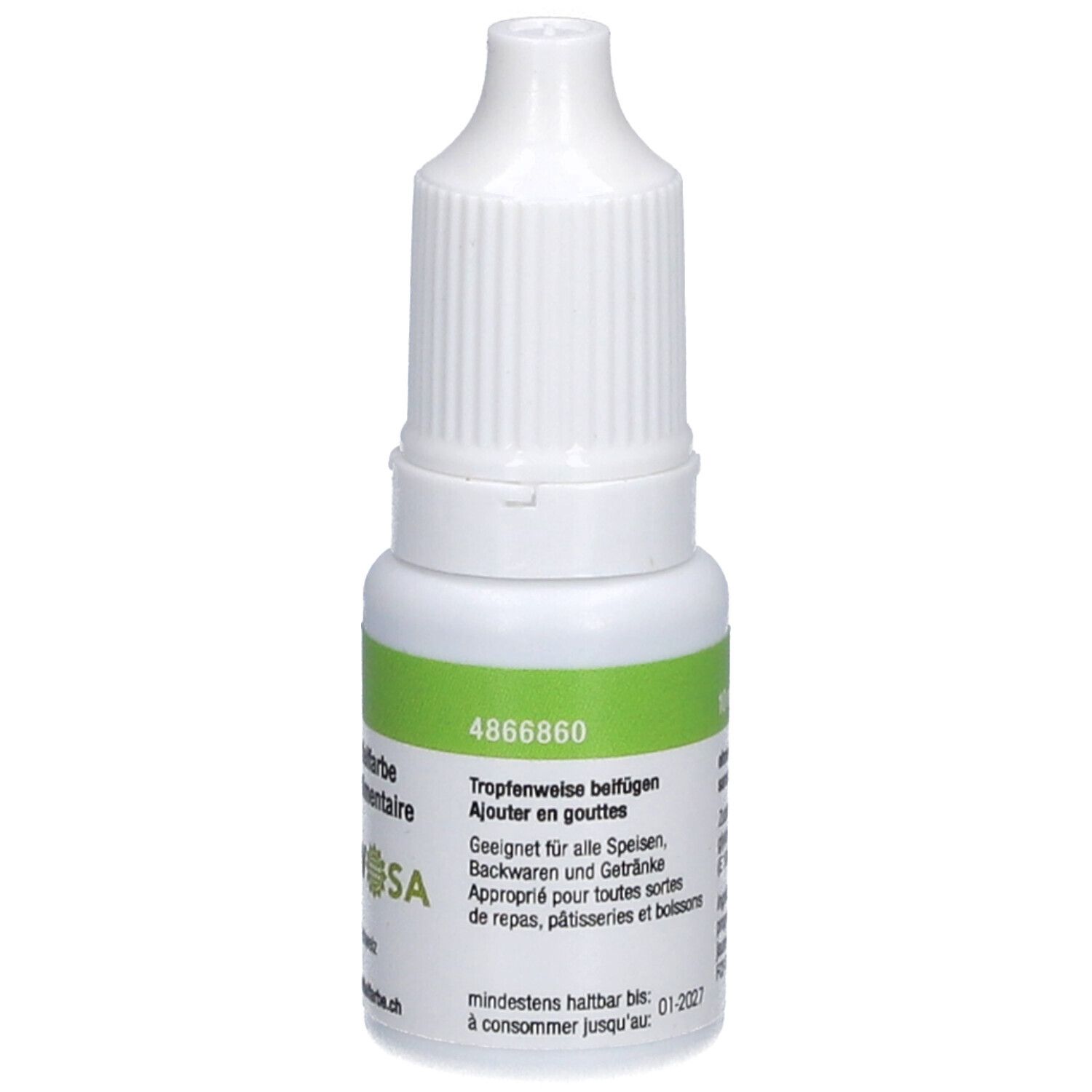Flacon compte-gouttes blanc avec bande verte. Inscription: 4866860. Convient aux aliments et boissons. A consommer jusqu'au 01-2027.