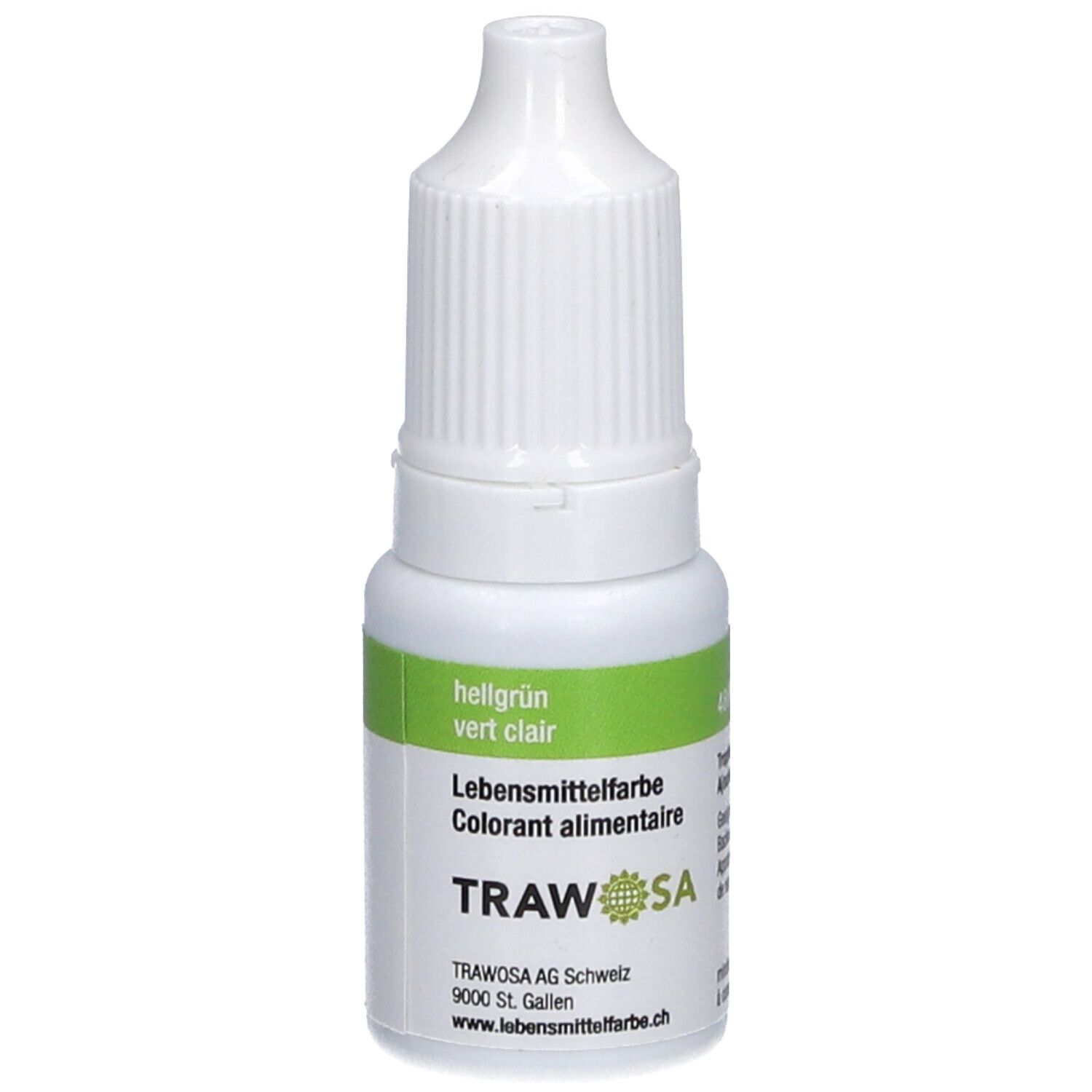 Colorant alimentaire vert clair en flacon compte-gouttes blanc. Inscriptions: TRAWOSA, vert clair, et "Colorant alimentaire".