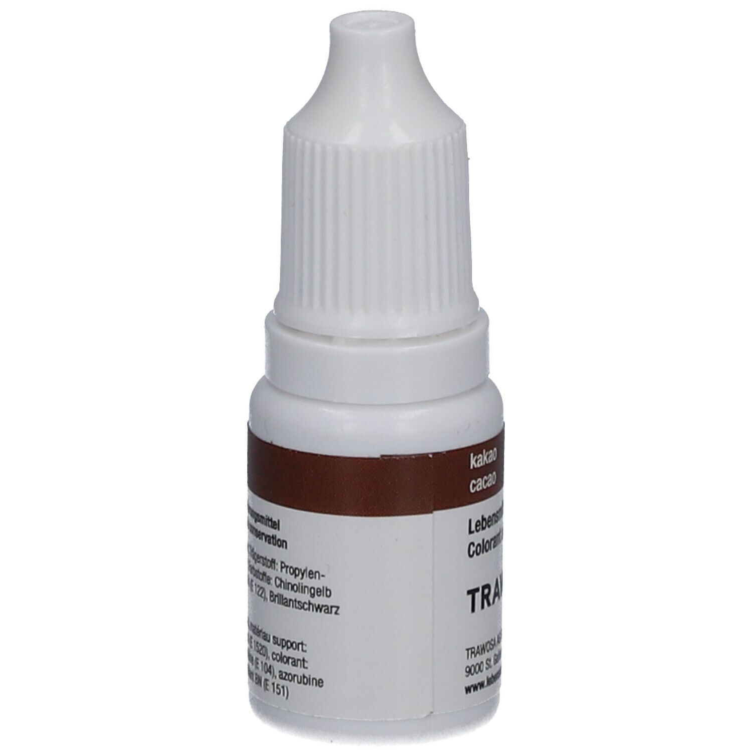 Flacon compte-gouttes blanc avec étiquette marron. Inscription: Colorant alimentaire cacao. Ingrédients et composants.