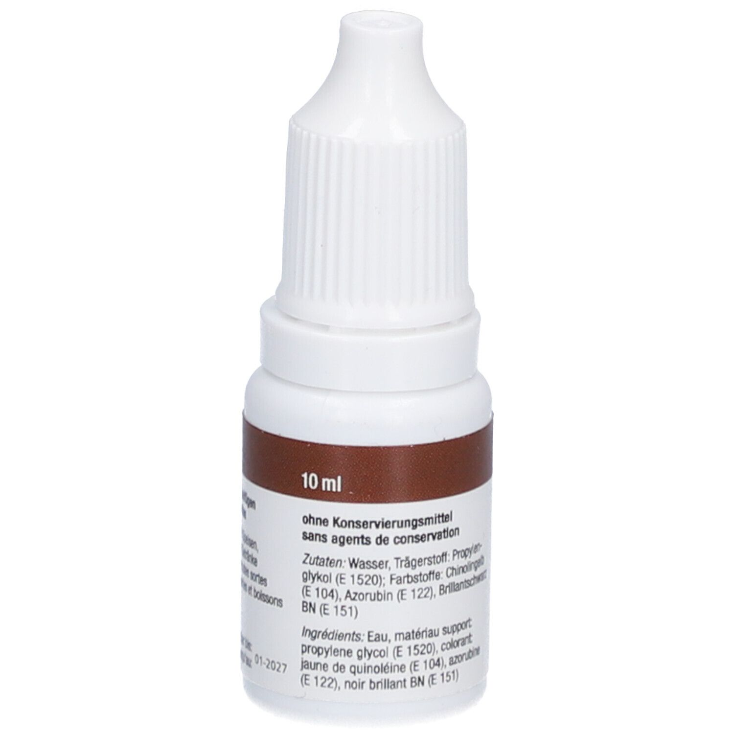 Flacon compte-gouttes blanc avec étiquette marron. Inscription: 10 ml, sans conservateurs. Ingrédients et composants.