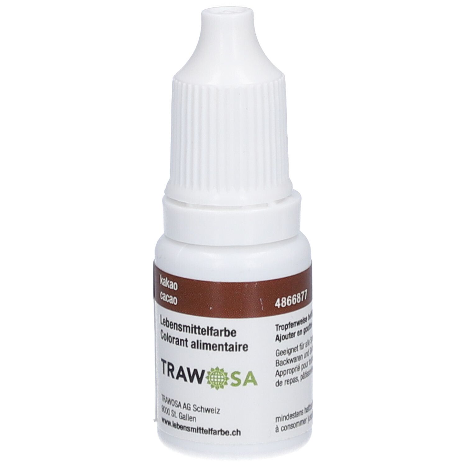 Flacon compte-gouttes blanc avec étiquette marron. Inscription: Colorant alimentaire cacao. Numéro d'article: 4866877.