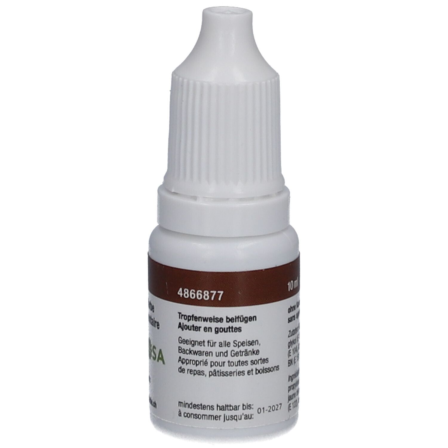 Flacon compte-gouttes blanc avec étiquette marron. Inscription: Colorant alimentaire cacao. Numéro d'article: 4866877, 10 ml.