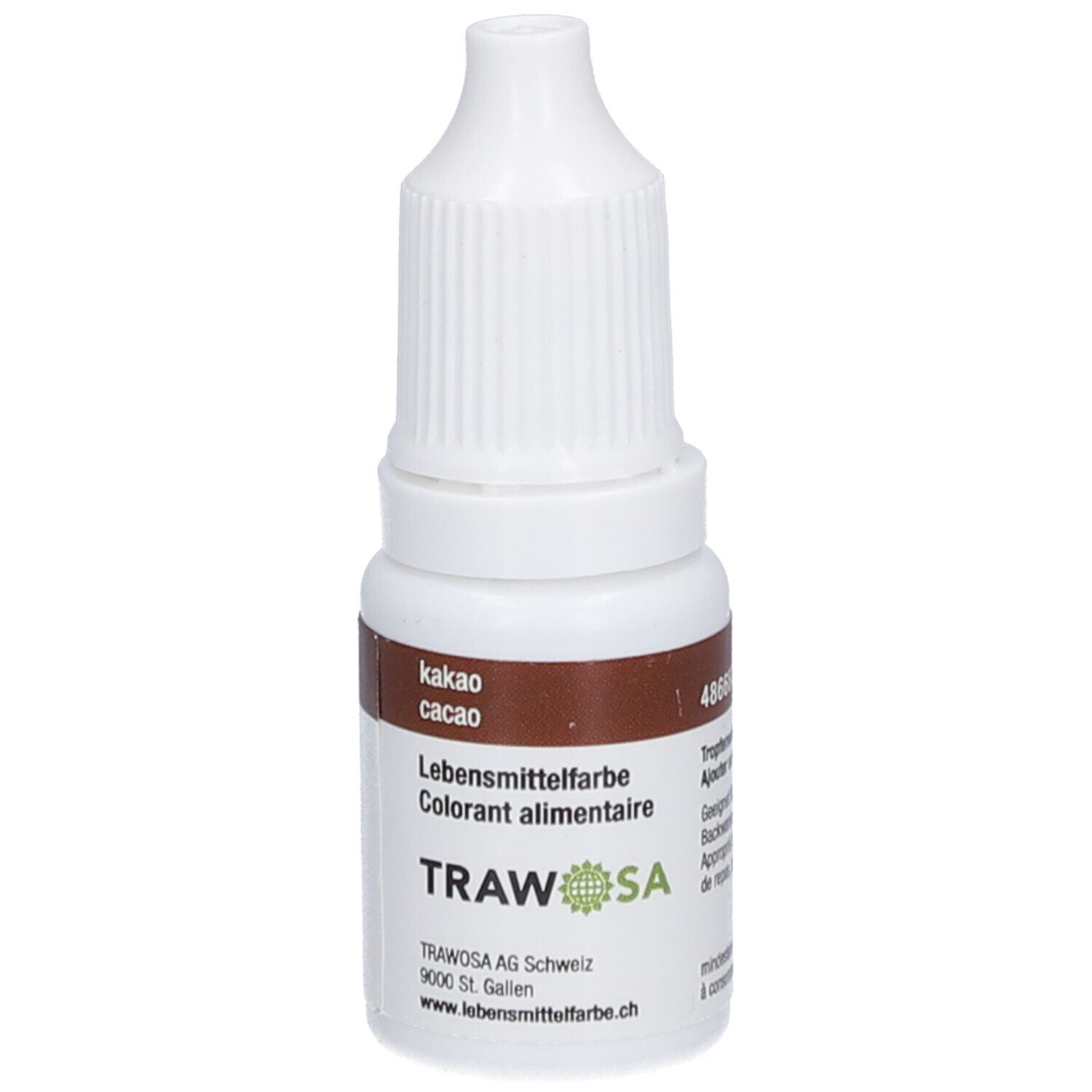 Colorant alimentaire cacao en flacon compte-gouttes blanc. Inscription: TRAWOSA, cacao, Colorant alimentaire.