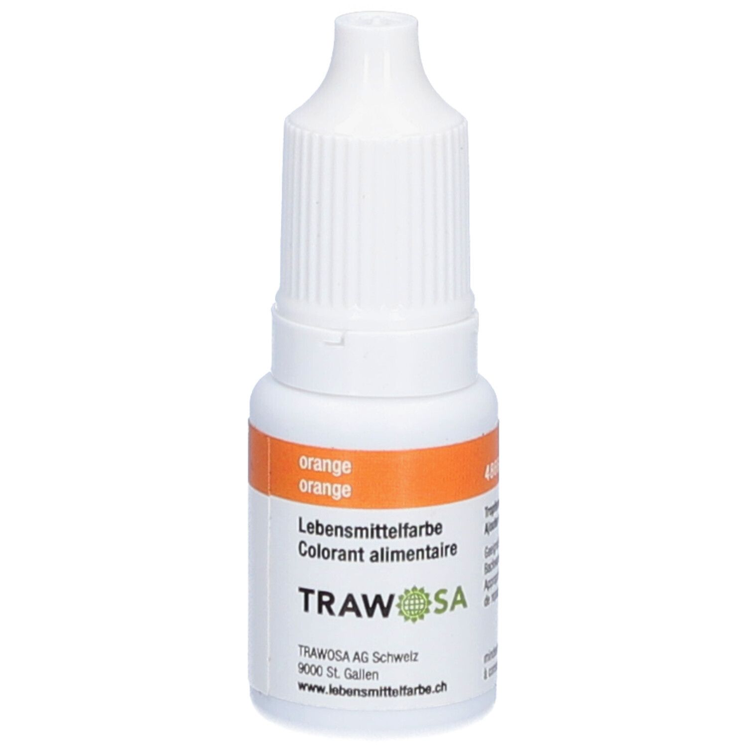 Flacon blanc avec étiquette orange. Inscription: Colorant alimentaire orange, TRAWOSA.