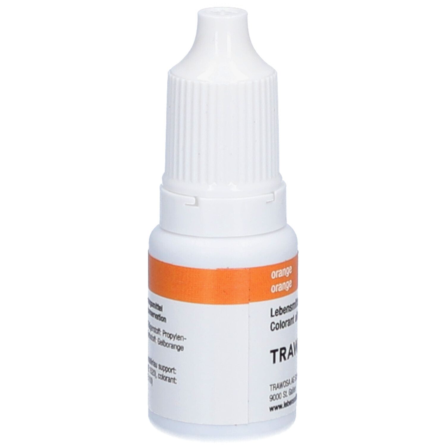 Flacon blanc avec étiquette orange. Inscription: Colorant alimentaire orange, TRAWOSA.