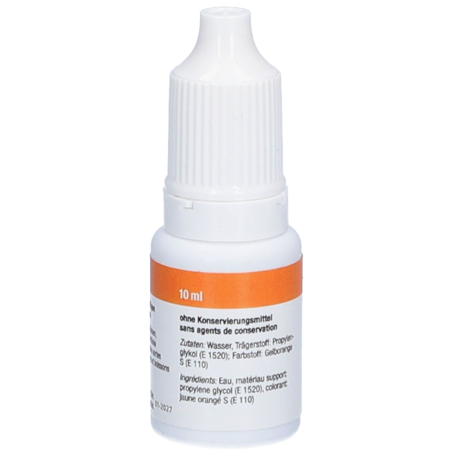 Flacon blanc avec étiquette orange. Inscription: 10 ml, ingrédients, TRAWOSA.