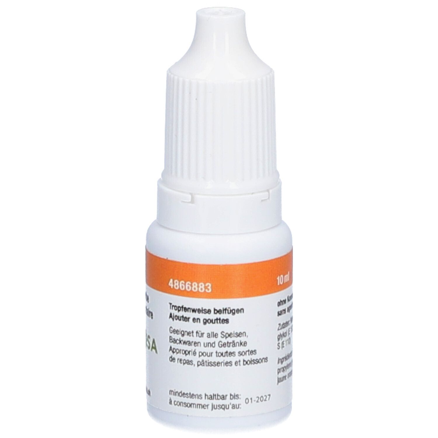 Flacon blanc avec étiquette orange. Inscription: 10 ml, 4866883, TRAWOSA.