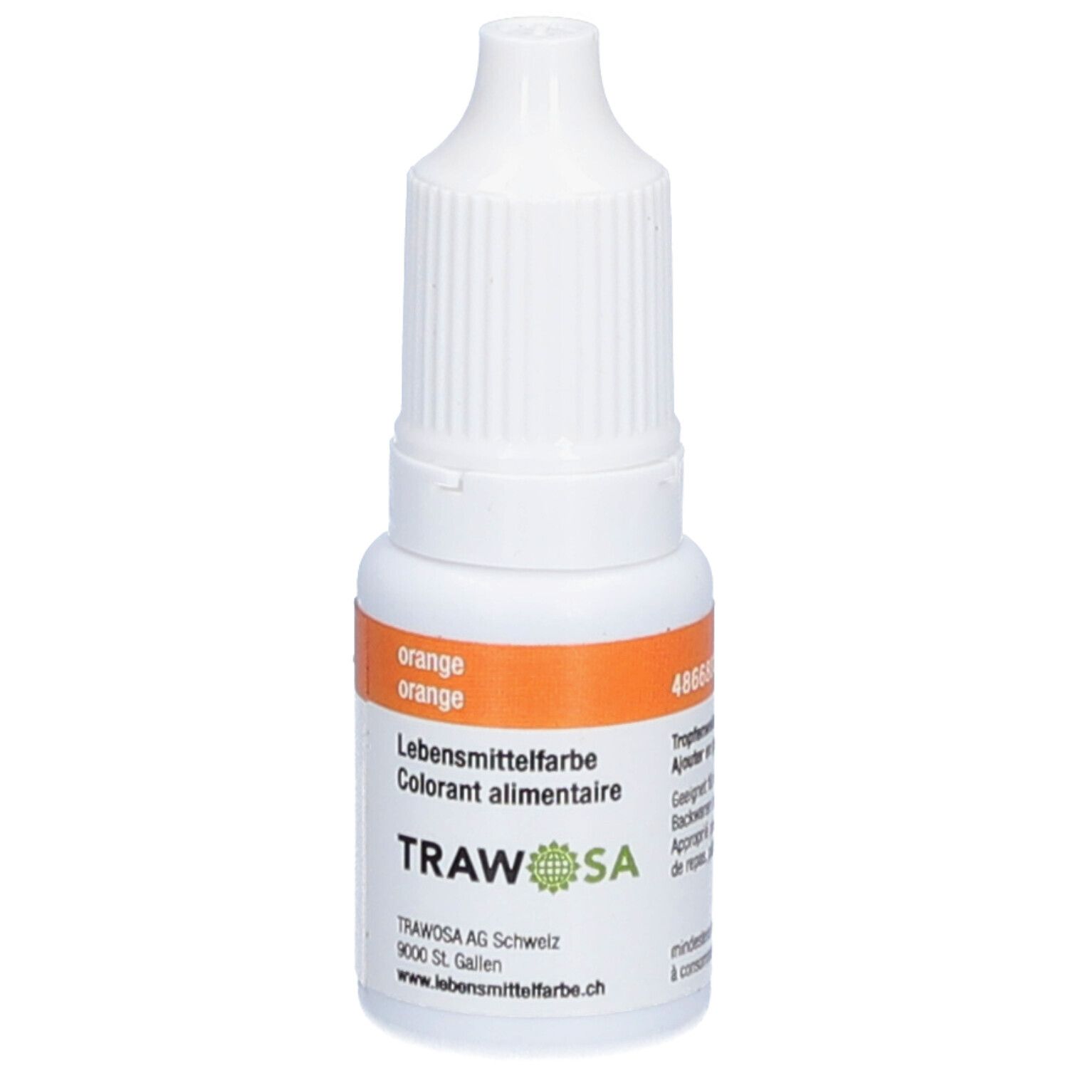 Flacon blanc avec étiquette orange. Inscription: Colorant alimentaire orange, TRAWOSA.