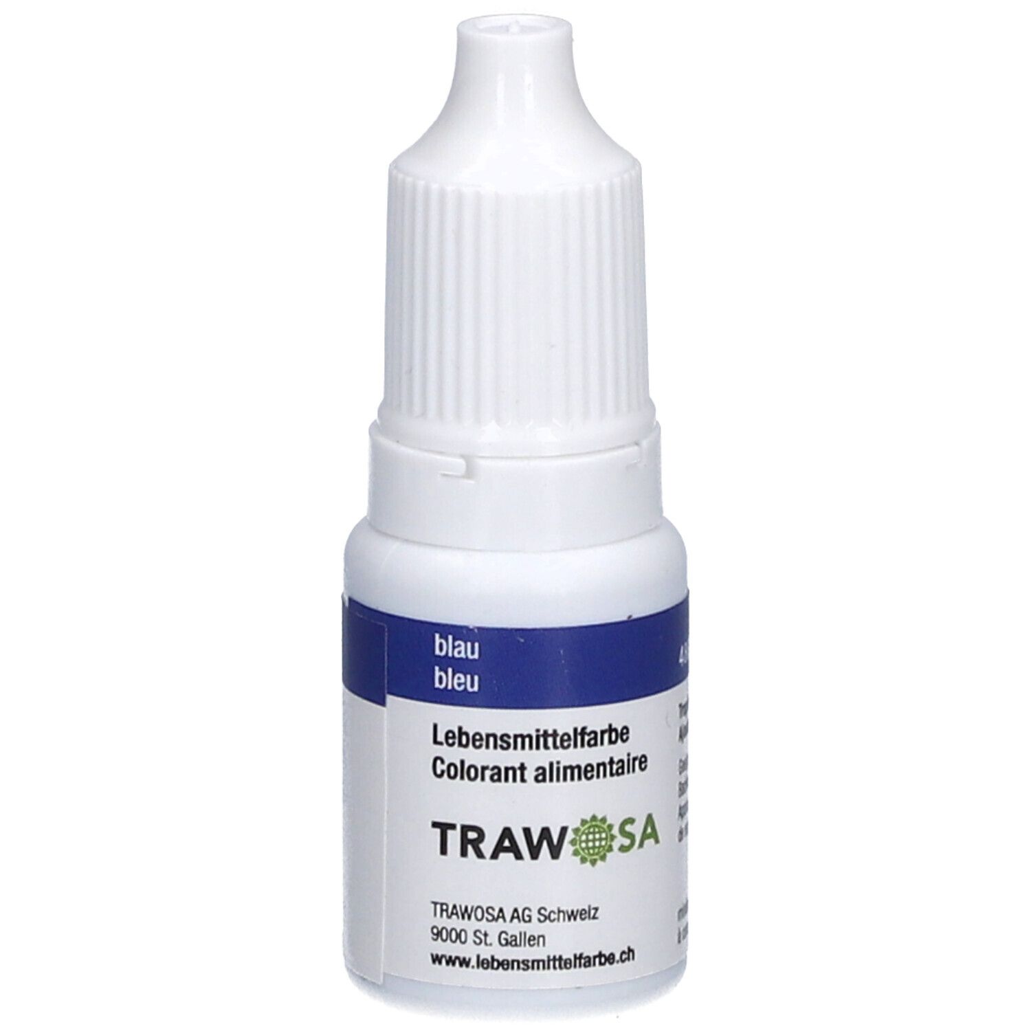 Colorant alimentaire bleu en flacon compte-gouttes blanc. Inscription: TRAWOSA, bleu, blau, Colorant alimentaire.
