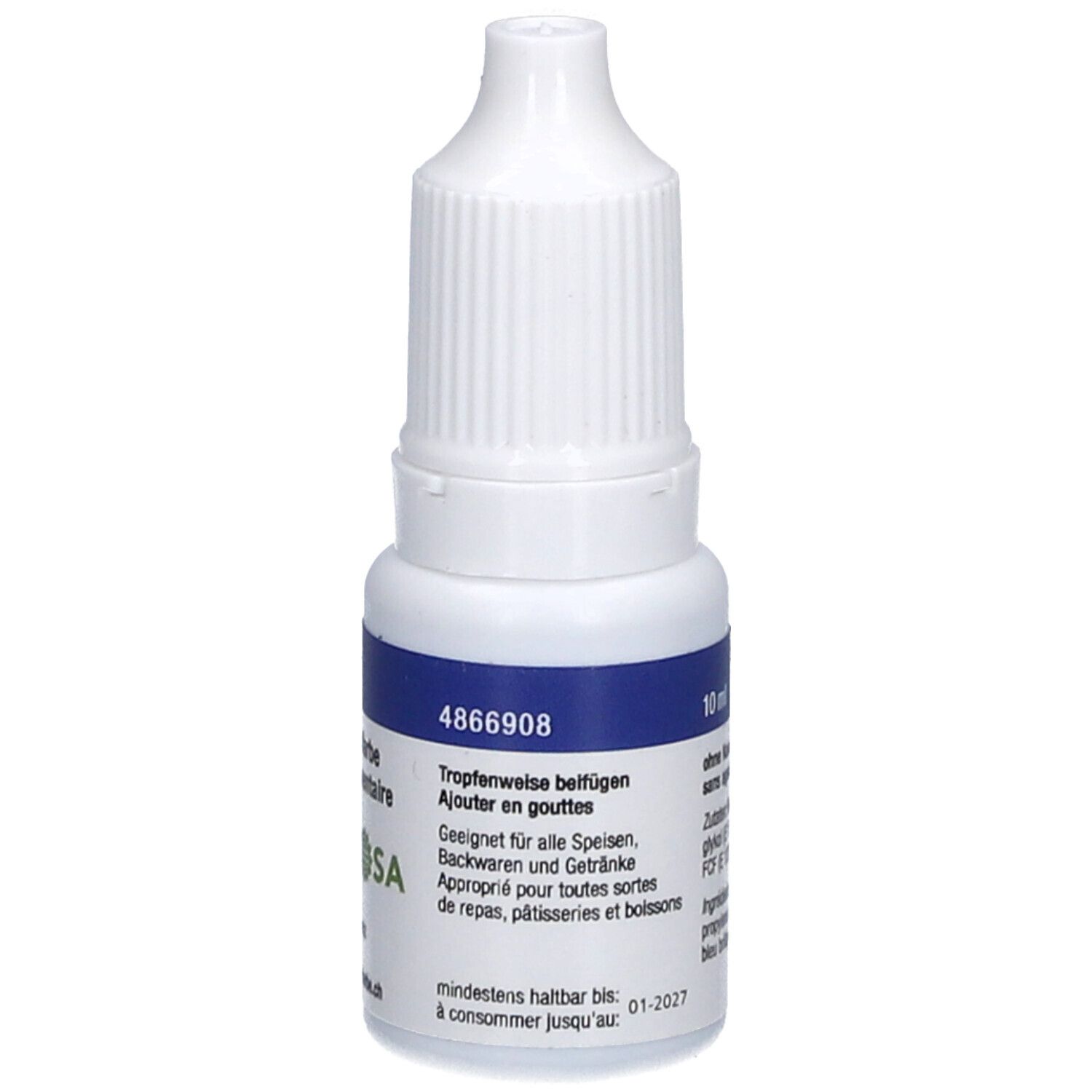 Colorant alimentaire bleu en flacon compte-gouttes blanc. Inscription: 10 ml, 4866908, ajouter goutte à goutte, à consommer jusqu'à 01-2027.