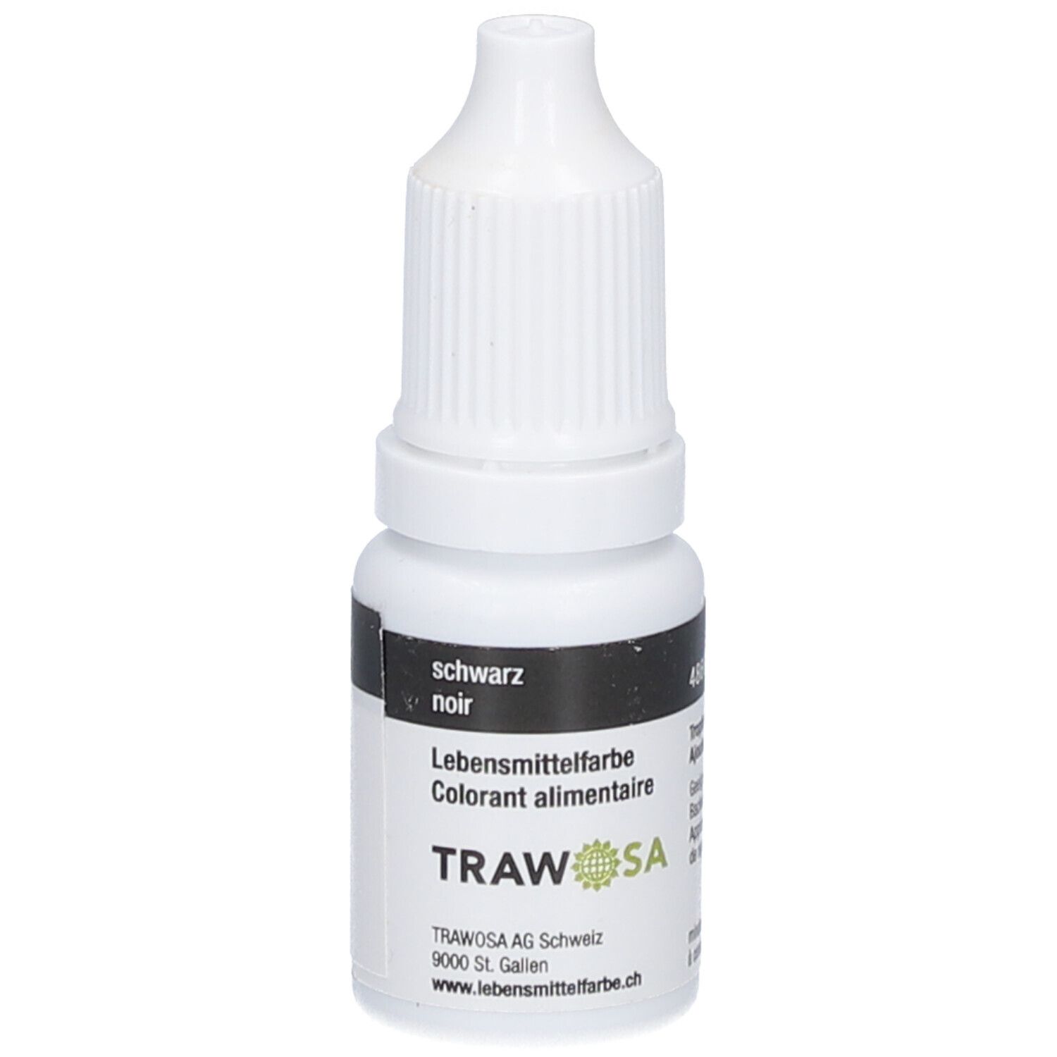 Flacon blanc avec étiquette noire. Inscription : noir, colorant alimentaire, TRAWOSA. Flacon compte-gouttes.