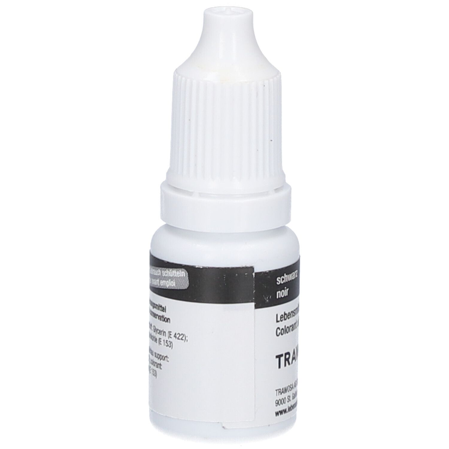 Flacon blanc avec étiquette noire. Inscription : noir, colorant alimentaire, TRAWOSA. Flacon compte-gouttes.