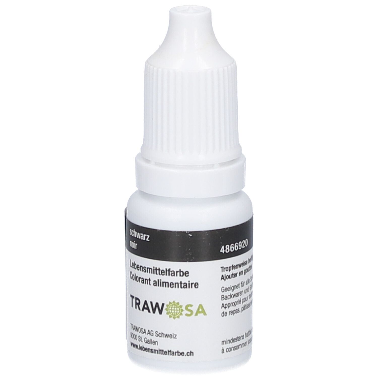 Flacon blanc avec étiquette noire. Inscription : noir, colorant alimentaire, TRAWOSA. Flacon compte-gouttes.