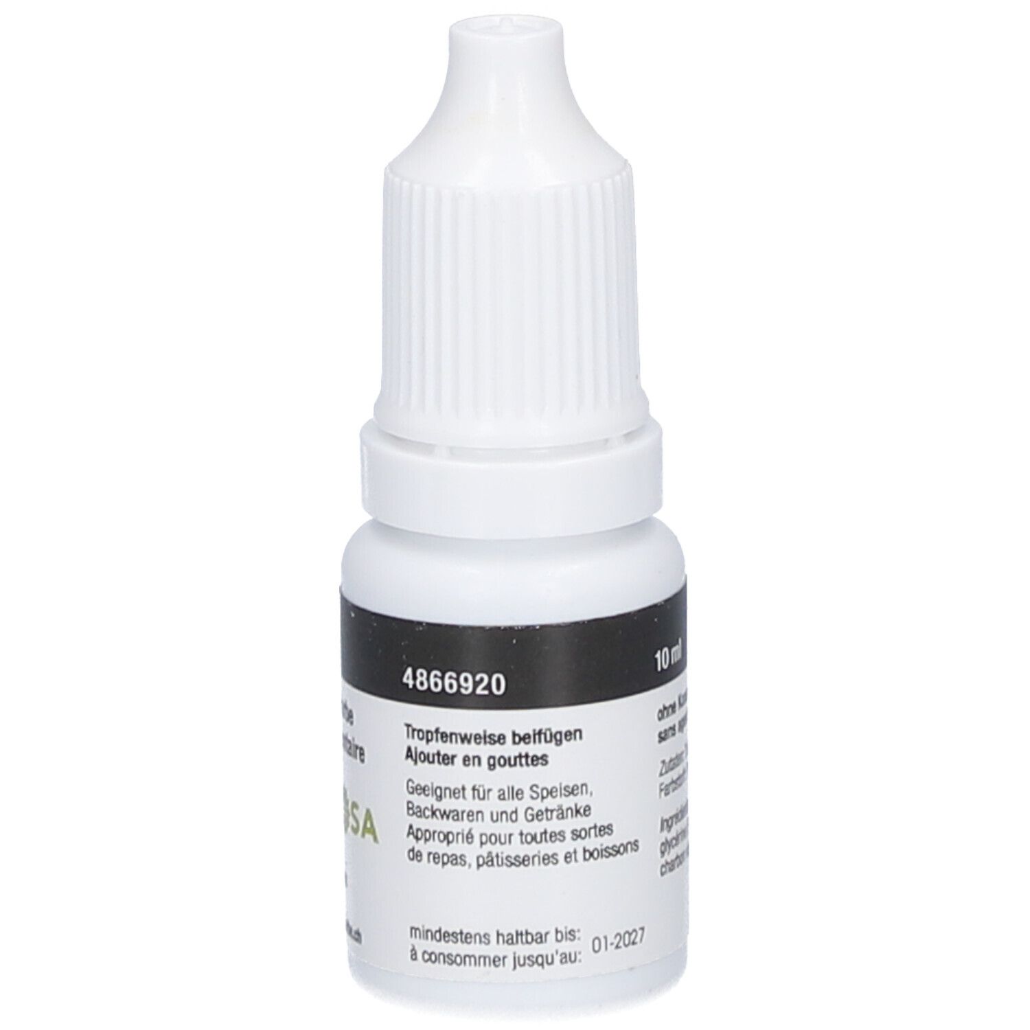 Flacon blanc avec étiquette noire. Inscription : 10 ml, TRAWOSA, A consommer jusqu'au 01-2027. Flacon compte-gouttes.