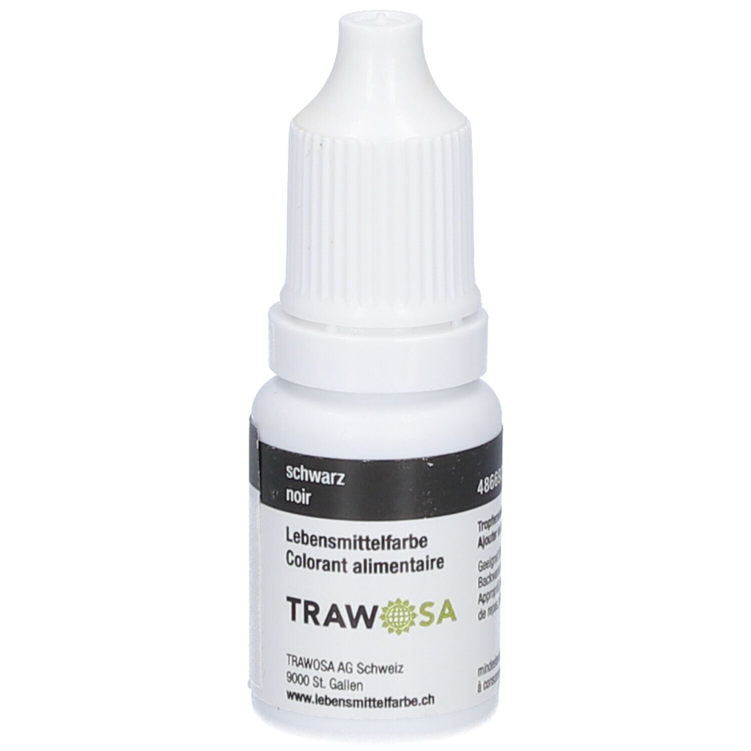 Flacon blanc avec étiquette noire. Inscription : noir, colorant alimentaire, TRAWOSA. Flacon compte-gouttes.