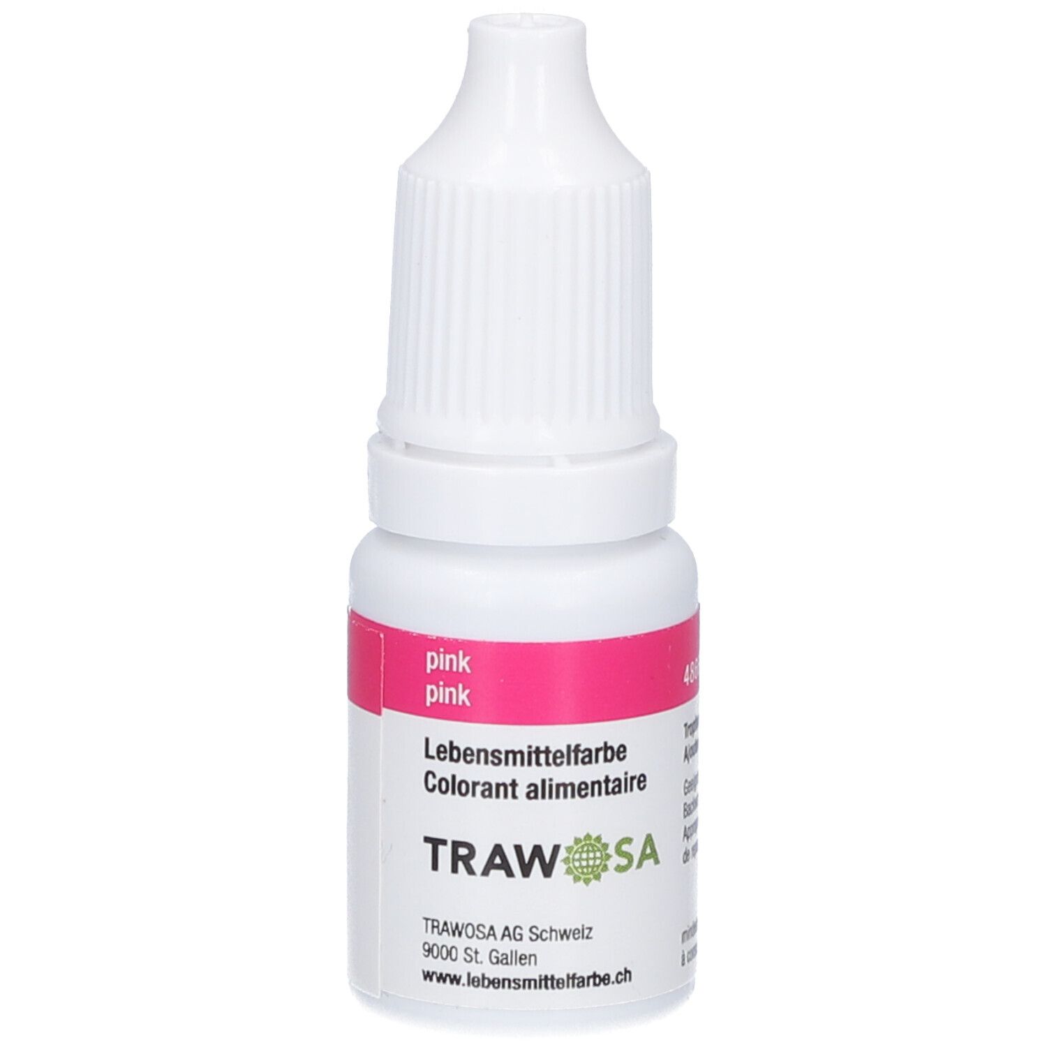 Petite bouteille blanche avec étiquette rose. L'étiquette indique "pink" et "Colorant alimentaire". Marque : TRAWOSA.