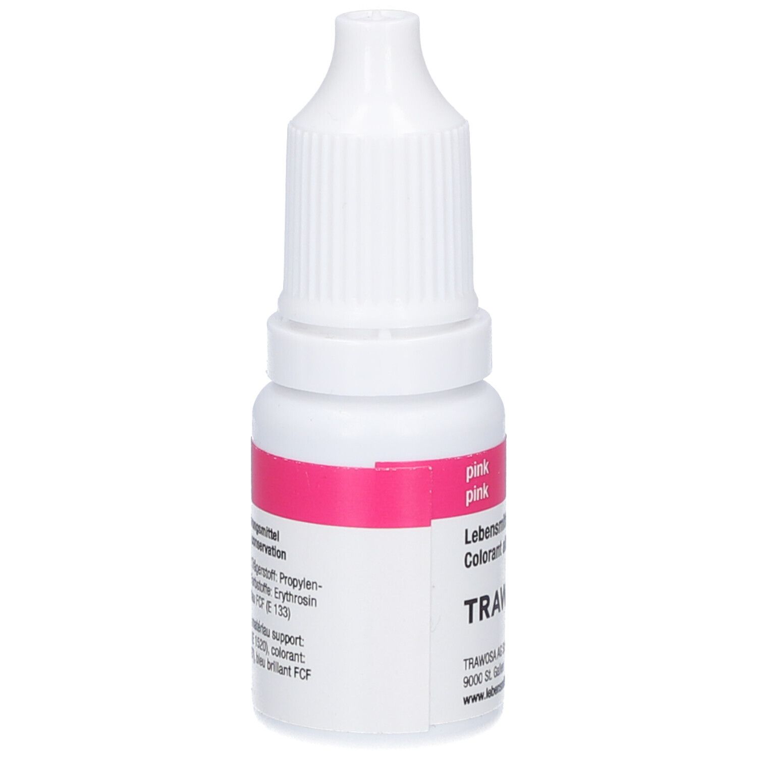 Petite bouteille blanche avec étiquette rose. L'étiquette indique les ingrédients et "pink".