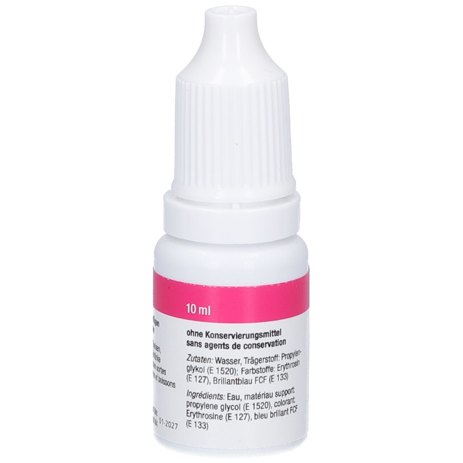 Petite bouteille blanche avec étiquette rose. L'étiquette indique "10 ml" et les ingrédients.