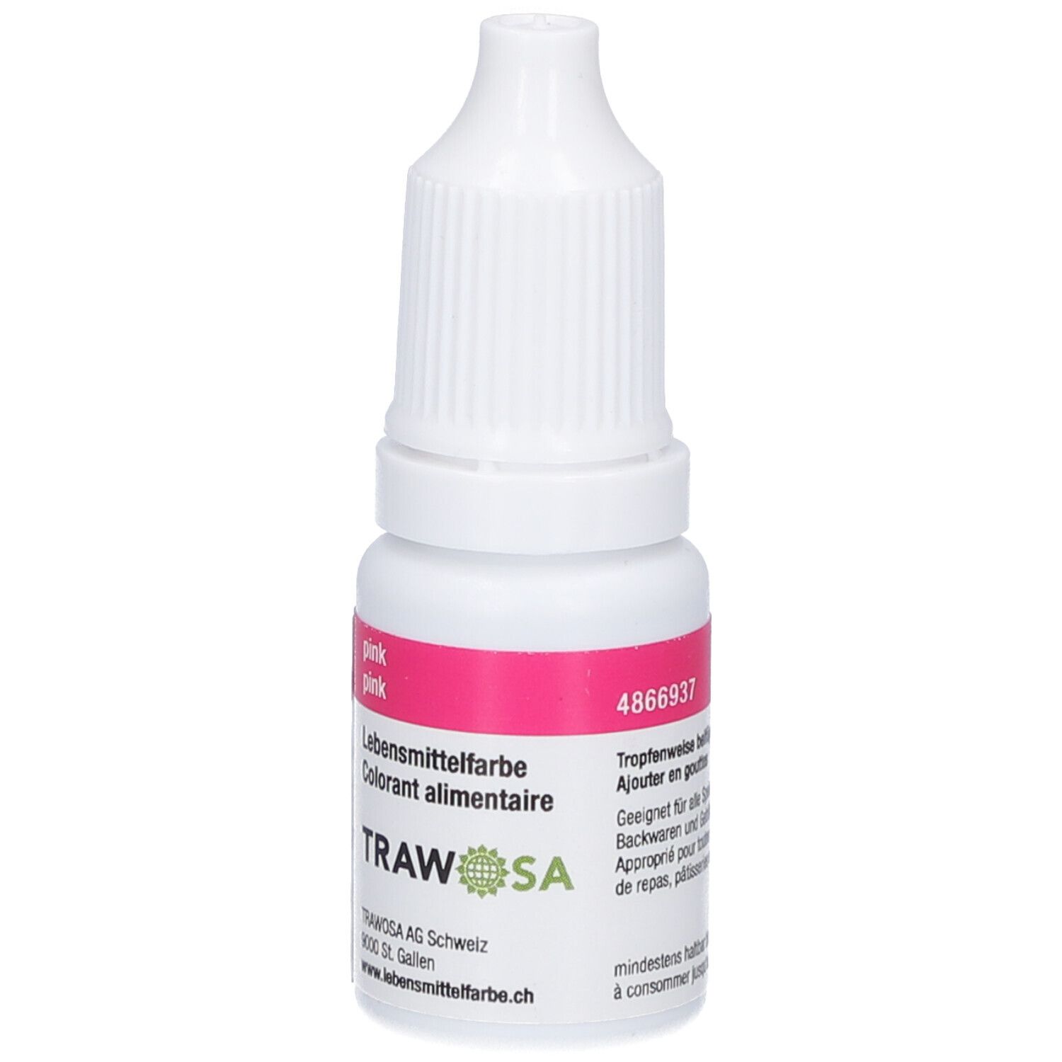 Petite bouteille blanche avec étiquette rose. L'étiquette indique "pink" et "Colorant alimentaire". Marque : TRAWOSA. Code : 4866937.