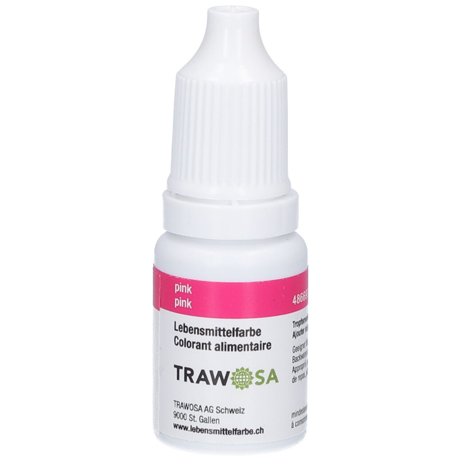 Petite bouteille blanche avec étiquette rose. L'étiquette indique "pink" et "Colorant alimentaire". Marque : TRAWOSA.