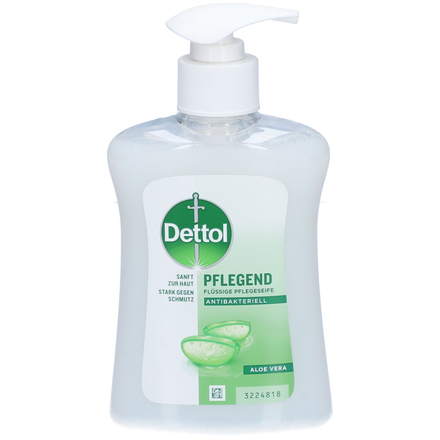 Savon liquide avec distributeur. Logo Dettol et motif Aloe Vera. Couleurs verte et blanche. Antibactérien.