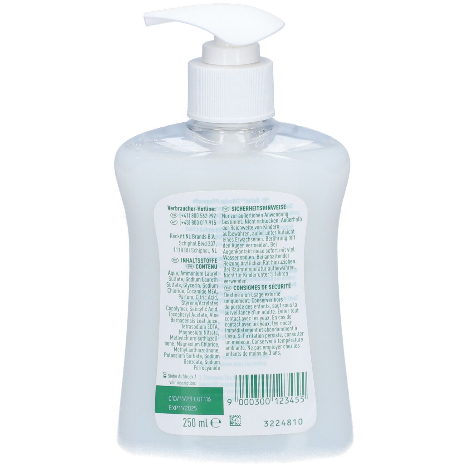 Dos de la bouteille de savon. Contient des informations sur les ingrédients et les consignes de sécurité. Code-barres et indication de volume.
