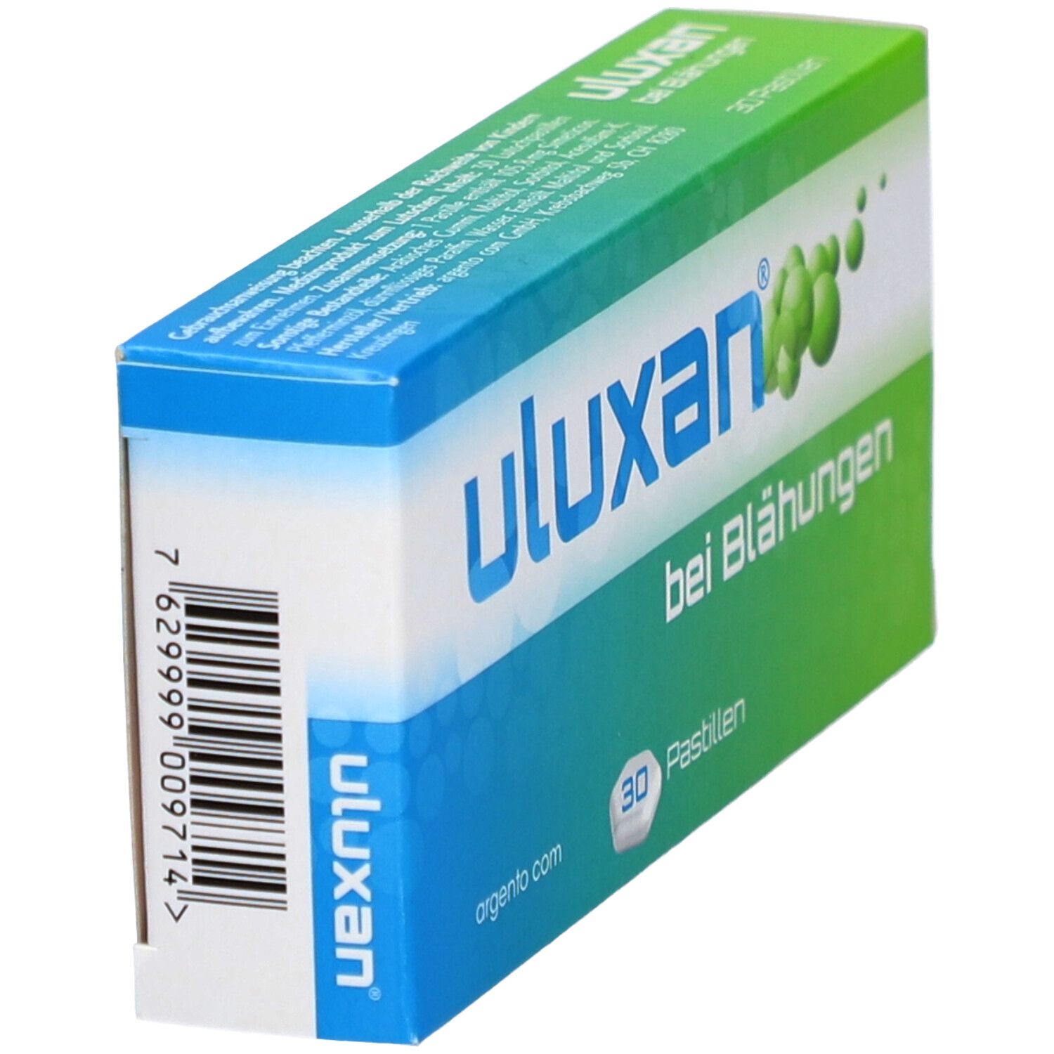 Boîte "uluxan", code-barres. Texte: "en cas de ballonnements", 30 pastilles. Argento.com.