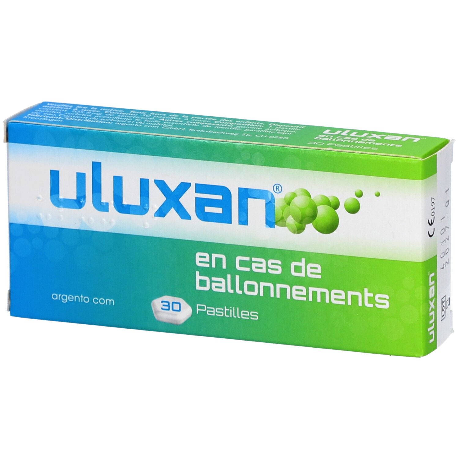 Boîte "uluxan" pour les ballonnements, 30 pastilles. Logo Argento.com.