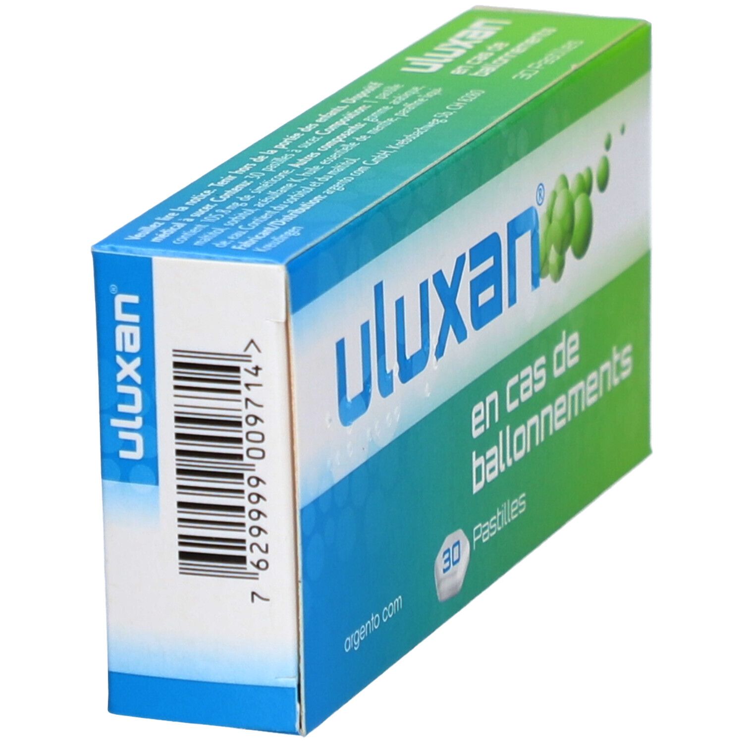 Boîte "uluxan", code-barres. Texte: "en cas de ballonnements", 30 pastilles. Argento.com.