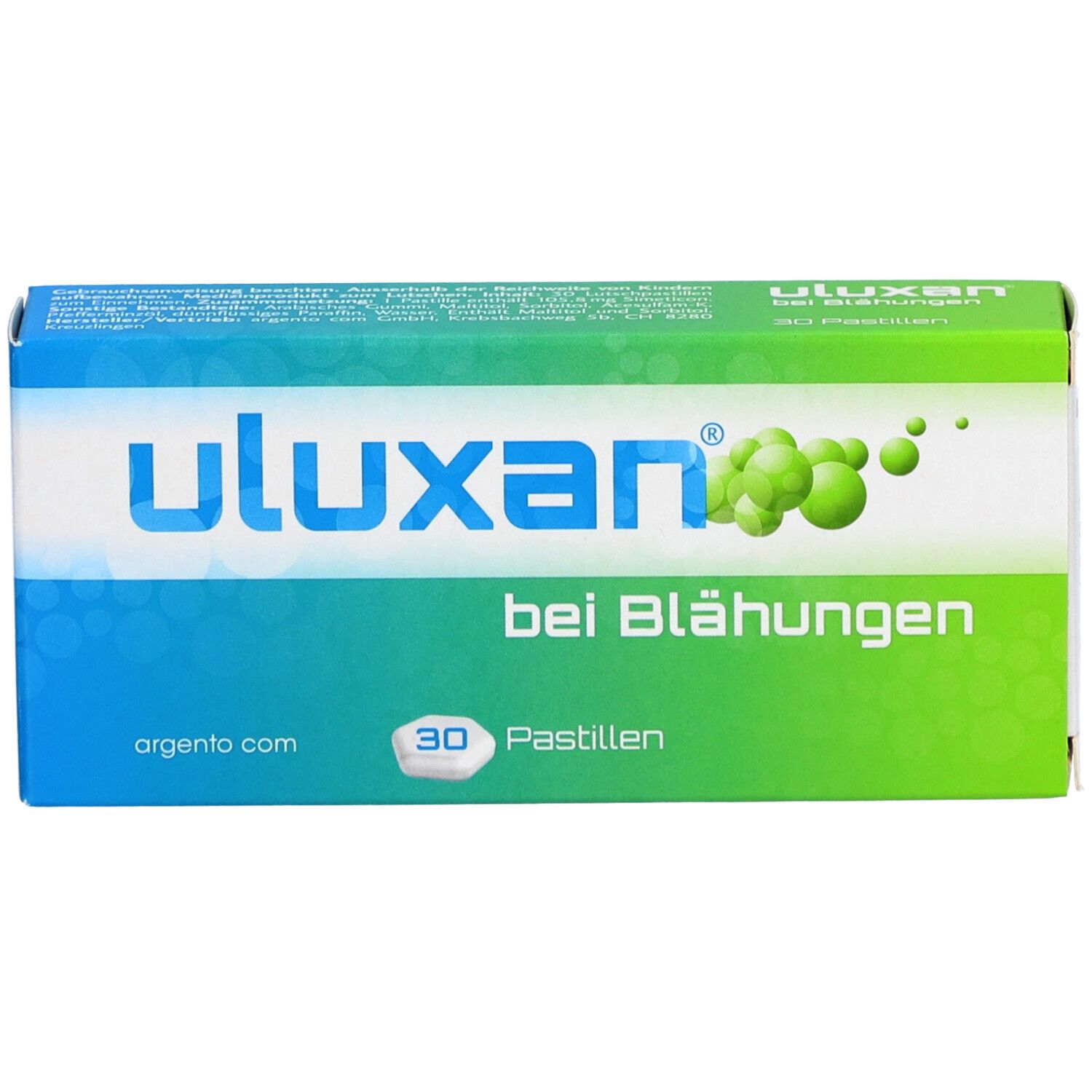Boîte "uluxan" pour les ballonnements, 30 pastilles. Logo Argento.com.