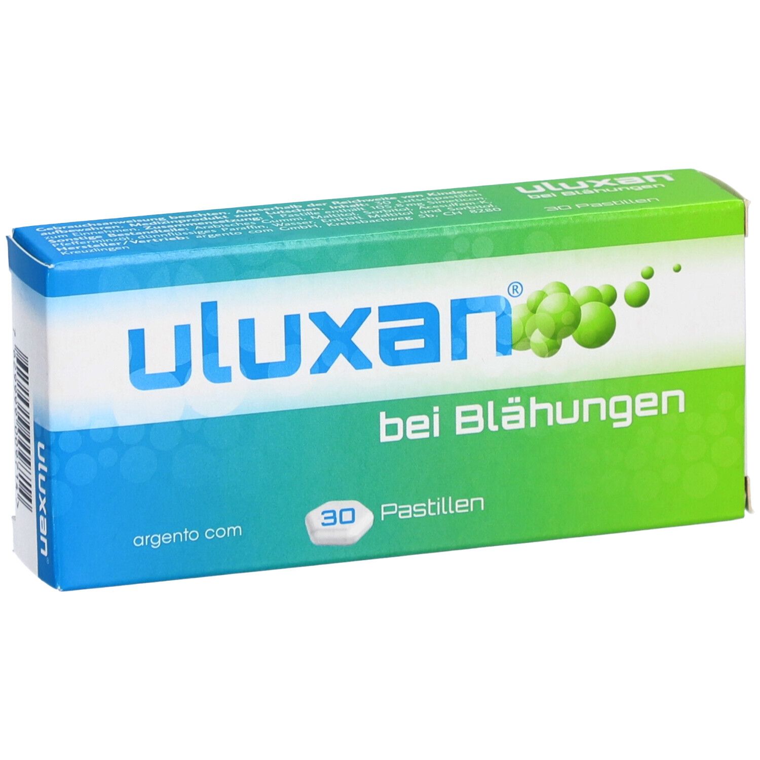 Boîte "uluxan" pour les ballonnements, 30 pastilles. Logo Argento.com.