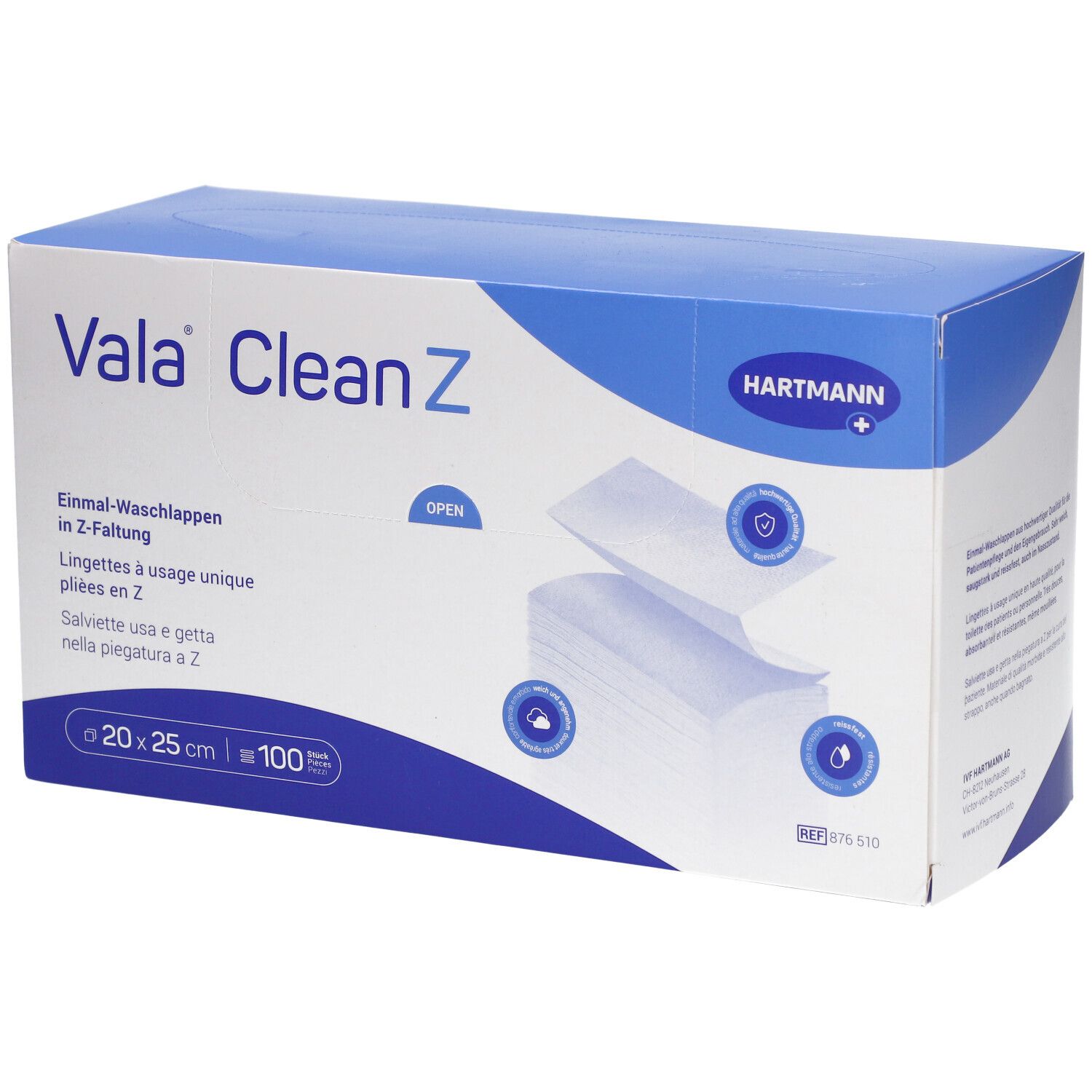 Boîte de Vala Clean Z. Contient des lingettes à usage unique pliées en Z. Dimensions : 20x25 cm, 100 pièces. Marque Hartmann.