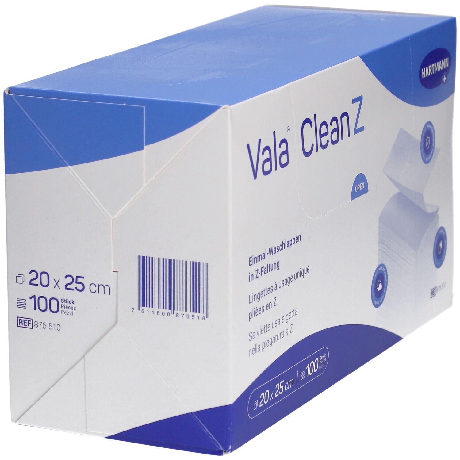 Boîte de Vala Clean Z. Contient des lingettes à usage unique pliées en Z. Dimensions : 20x25 cm, 100 pièces. Marque Hartmann.