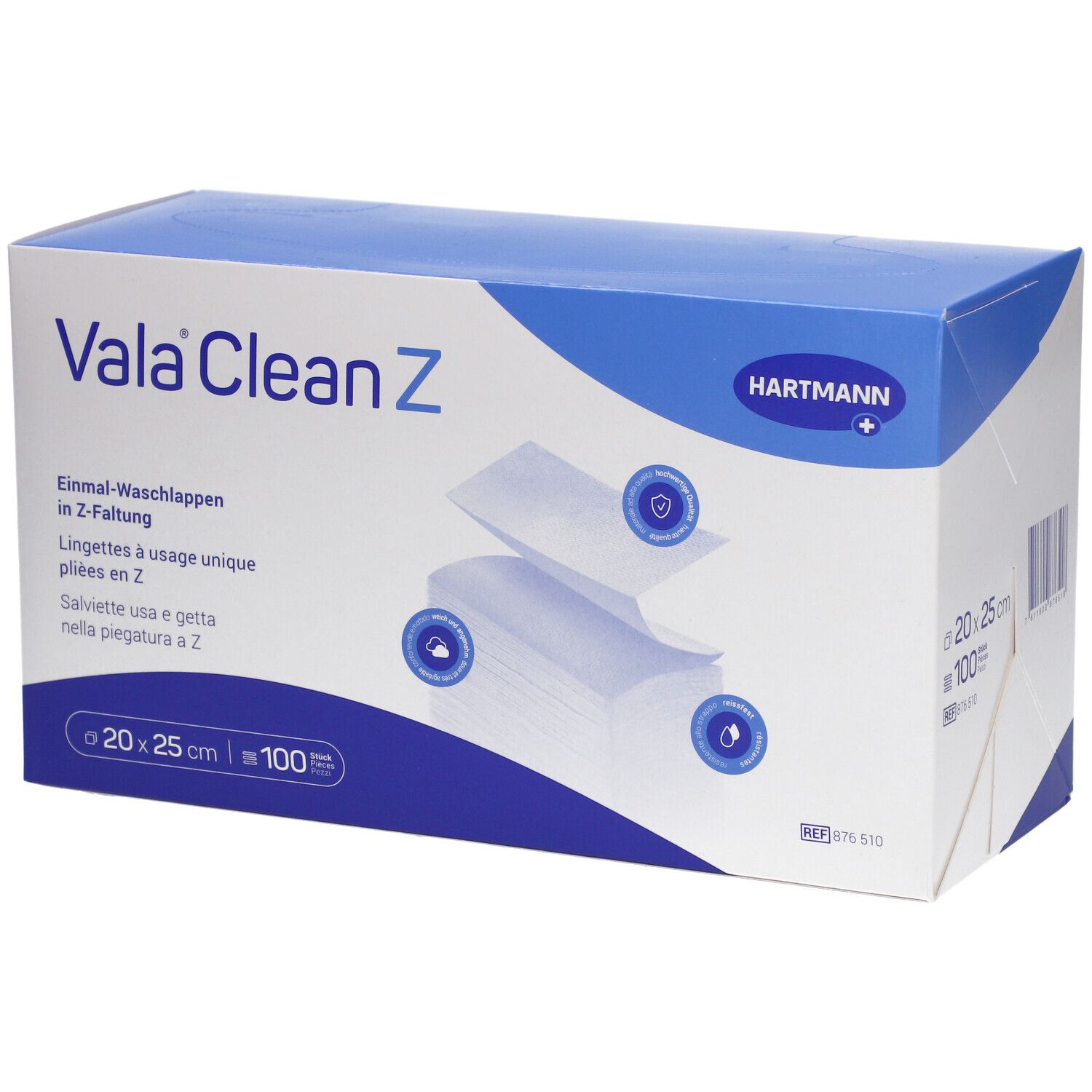 Boîte de Vala Clean Z. Contient des lingettes à usage unique pliées en Z. Dimensions : 20x25 cm, 100 pièces. Marque Hartmann.
