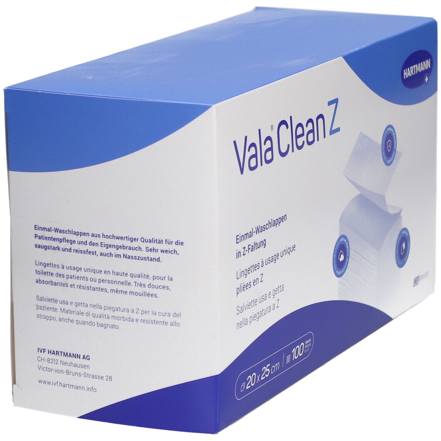 Boîte de Vala Clean Z. Contient des lingettes à usage unique pliées en Z. Dimensions : 20x25 cm, 100 pièces. Marque Hartmann.