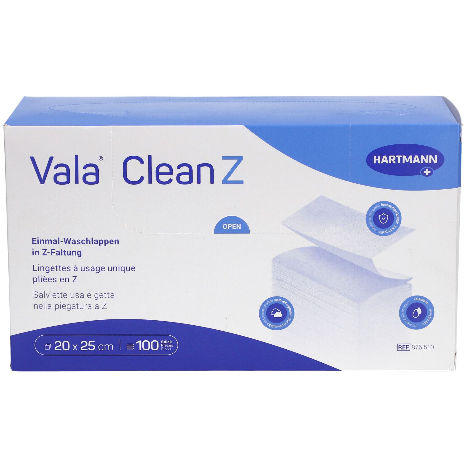 Boîte de Vala Clean Z. Contient des lingettes à usage unique pliées en Z. Dimensions : 20x25 cm, 100 pièces. Marque Hartmann.