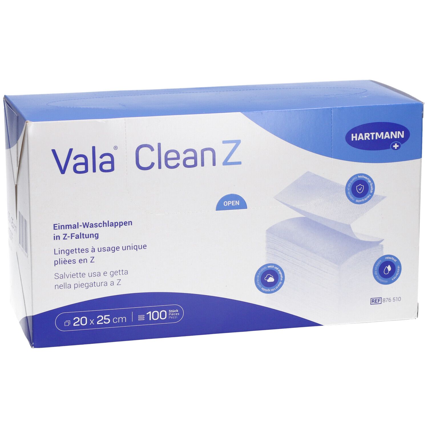 Boîte de Vala Clean Z. Contient des lingettes à usage unique pliées en Z. Dimensions : 20x25 cm, 100 pièces. Marque Hartmann.
