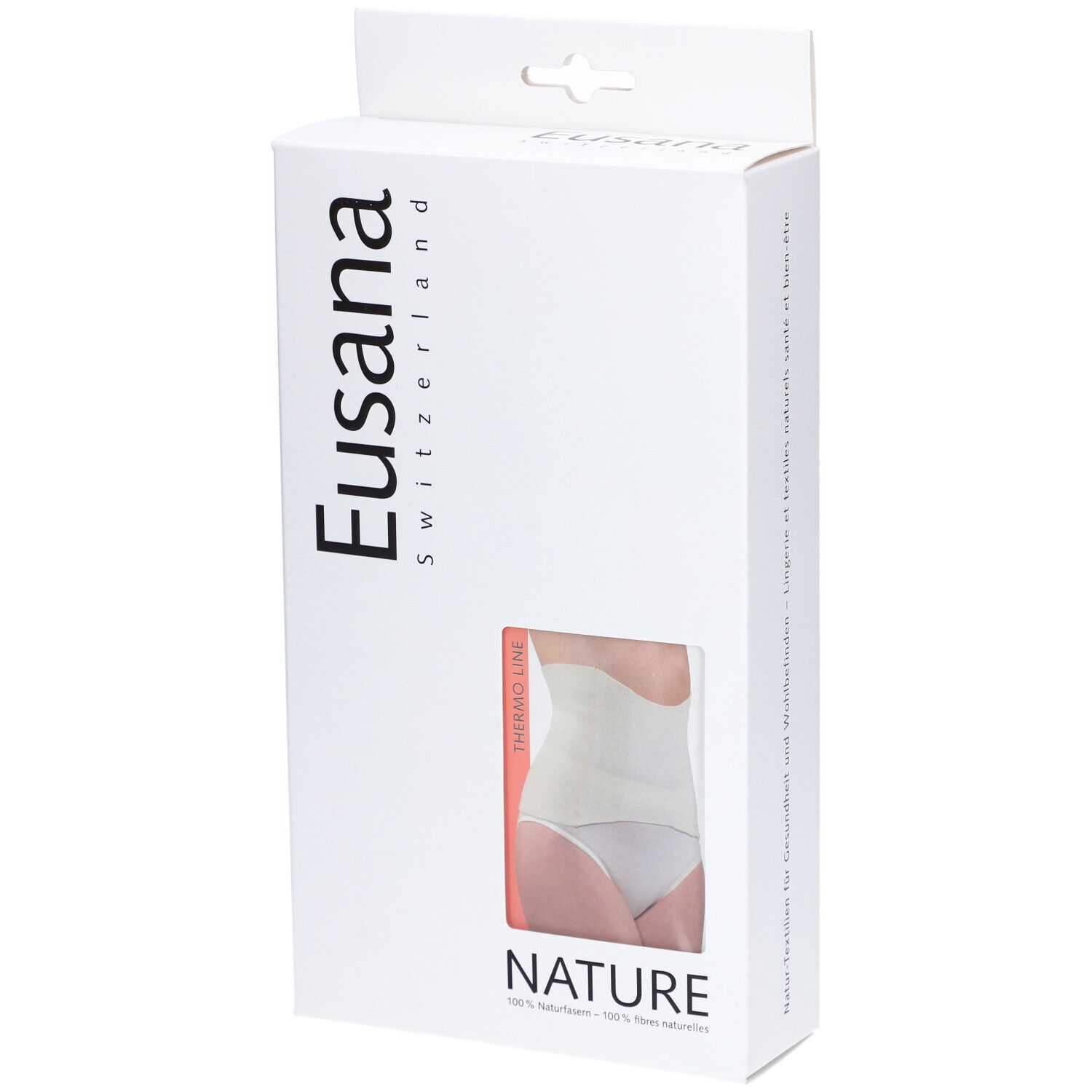 Boîte avec image du produit. Marque Eusana. Fenêtre montrant Thermo S Ivoire. Texte: NATURE.