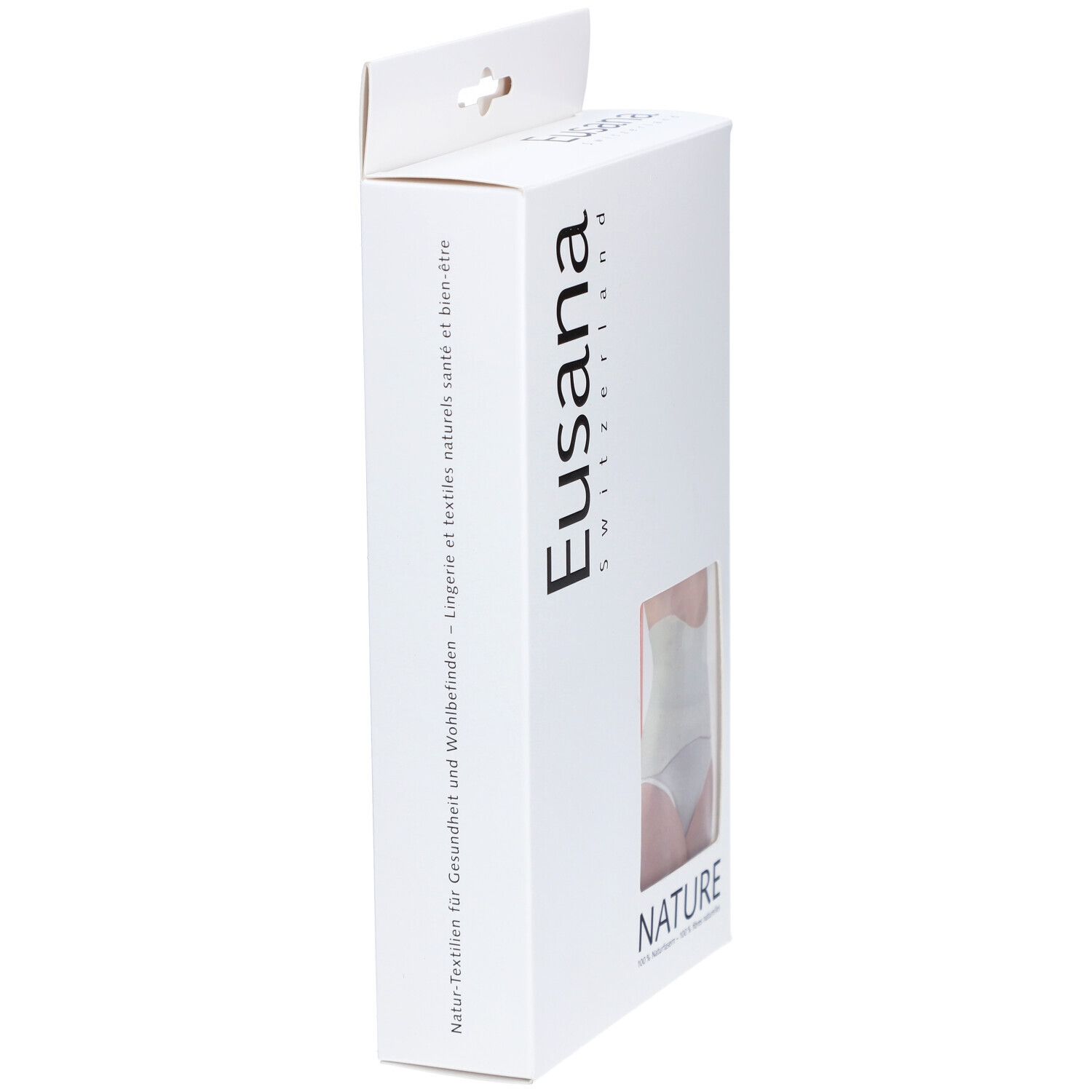 Vue latérale de l'emballage. Marque Eusana. Texte: Textiles naturels pour la santé et le bien-être.