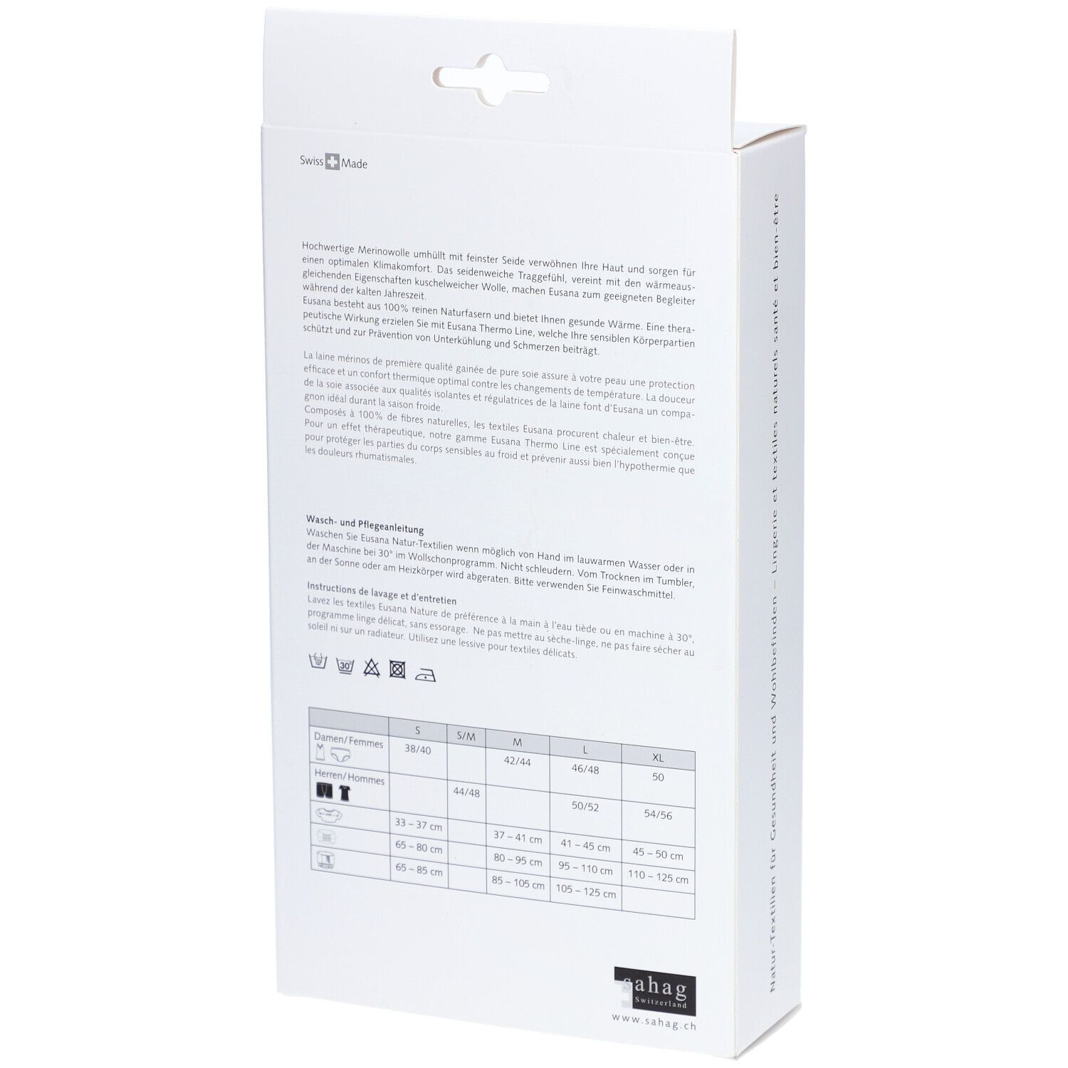 Dos de l'emballage. Texte en allemand, français, italien. Tableau des tailles et instructions d'entretien.