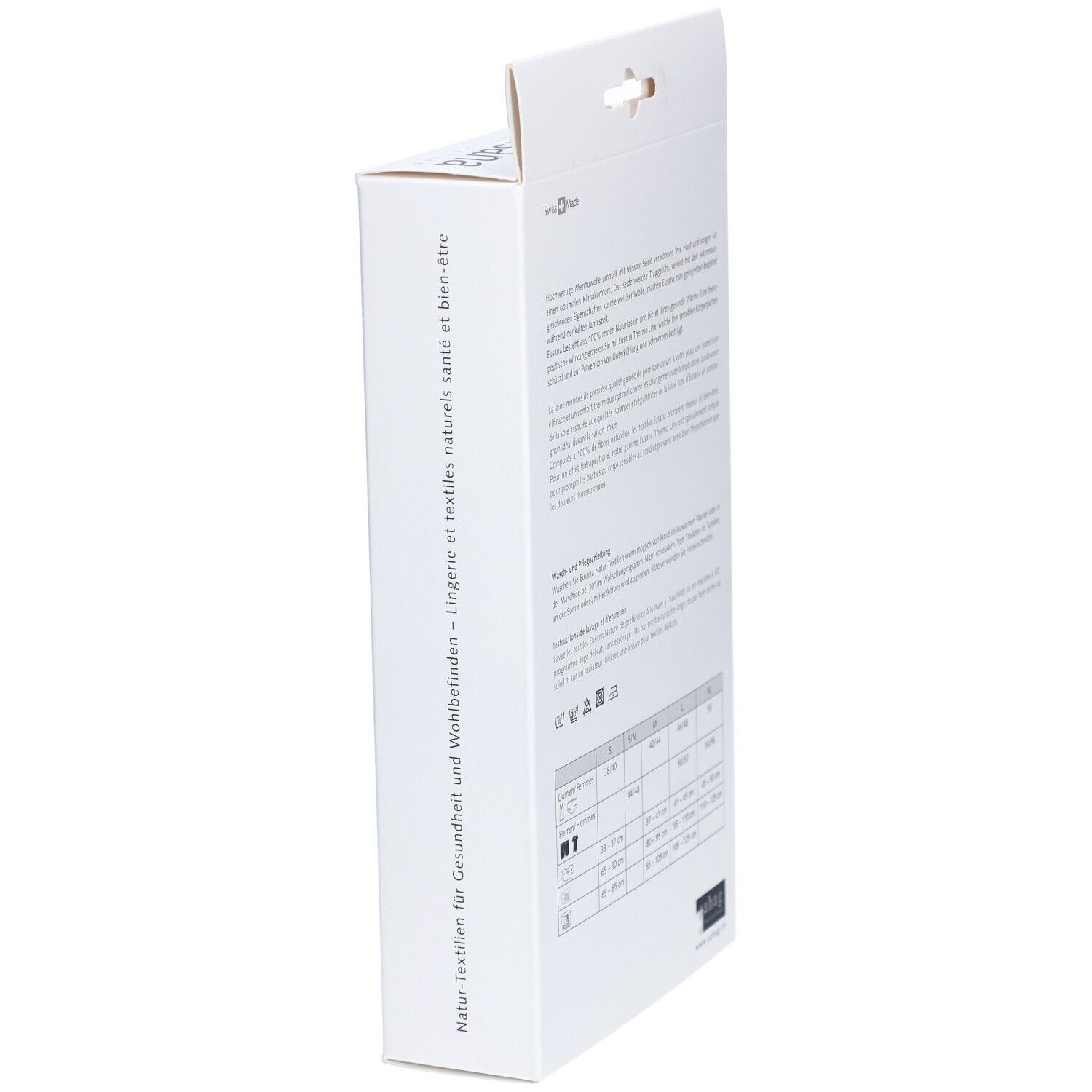 Vue latérale de l'emballage. Texte: Textiles naturels pour la santé et le bien-être. Tableau des tailles.
