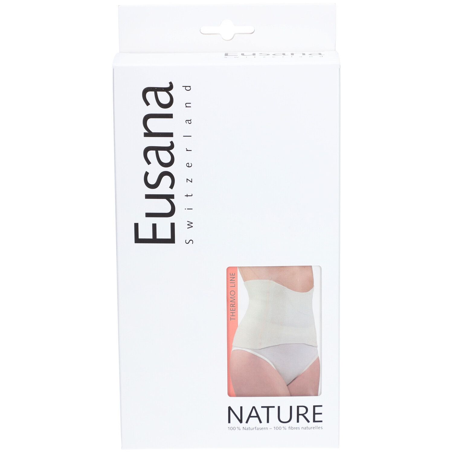 Boîte avec image du produit. Marque Eusana. Fenêtre montrant Thermo S Ivoire. Texte: NATURE.