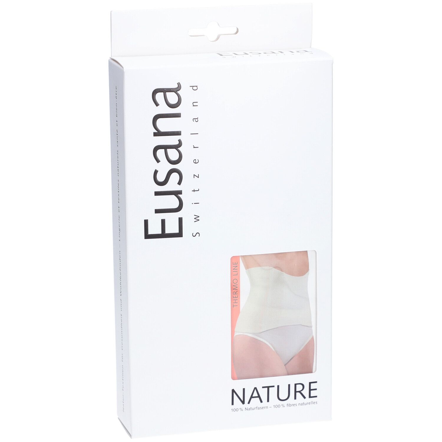 Boîte avec image du produit. Marque Eusana. Fenêtre montrant Thermo S Ivoire. Texte: NATURE.