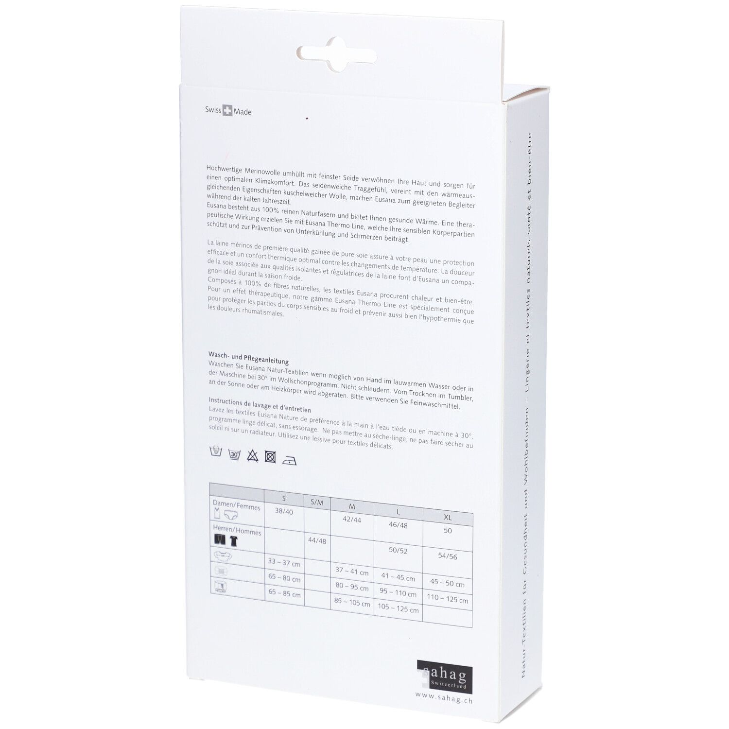 Dos de l'emballage. Texte et tableau des tailles. Symboles de lavage. Logo Swiss Made.