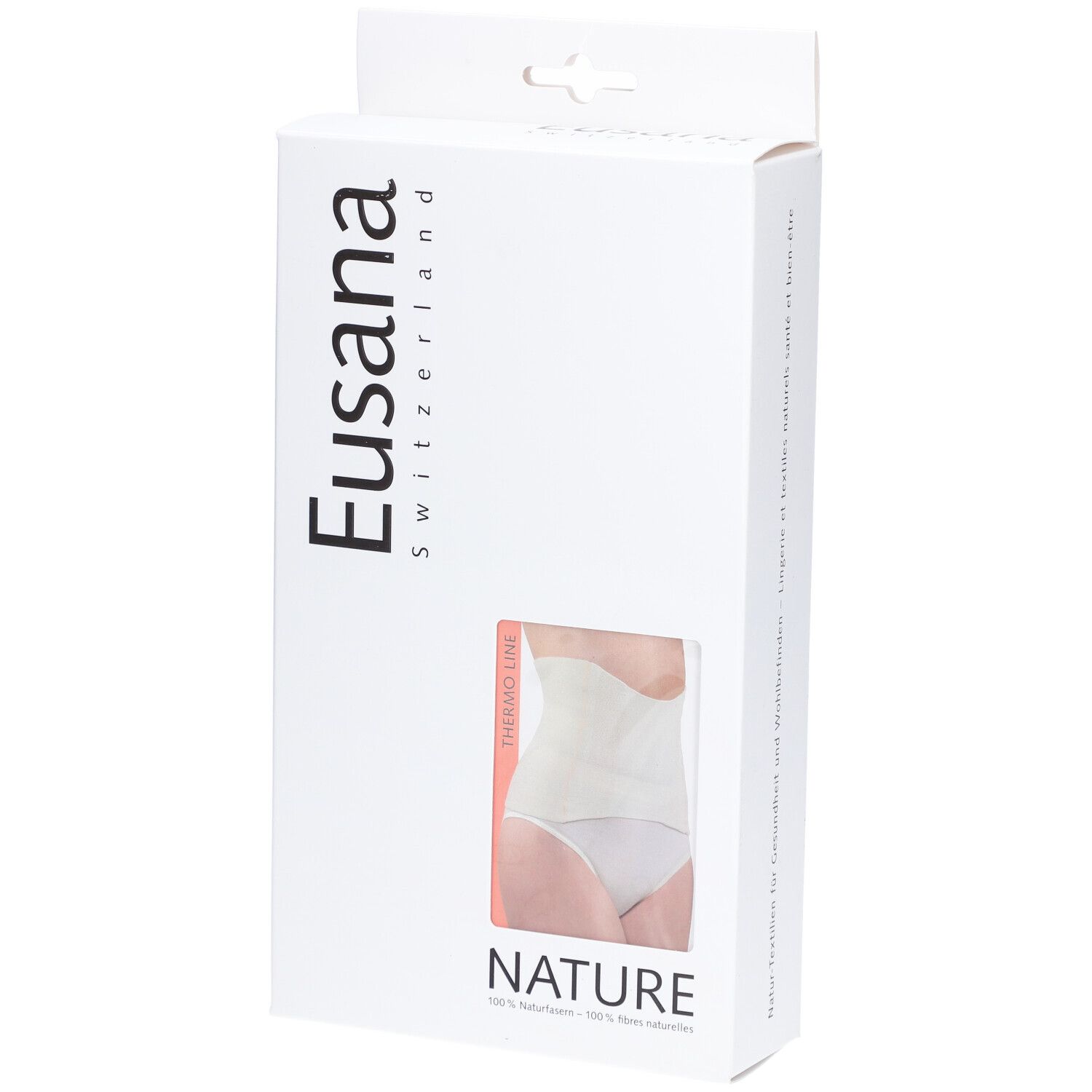 Emballage blanc avec fenêtre. Logo Eusana et illustration du produit. Texte : NATURE, THERMO LINE.
