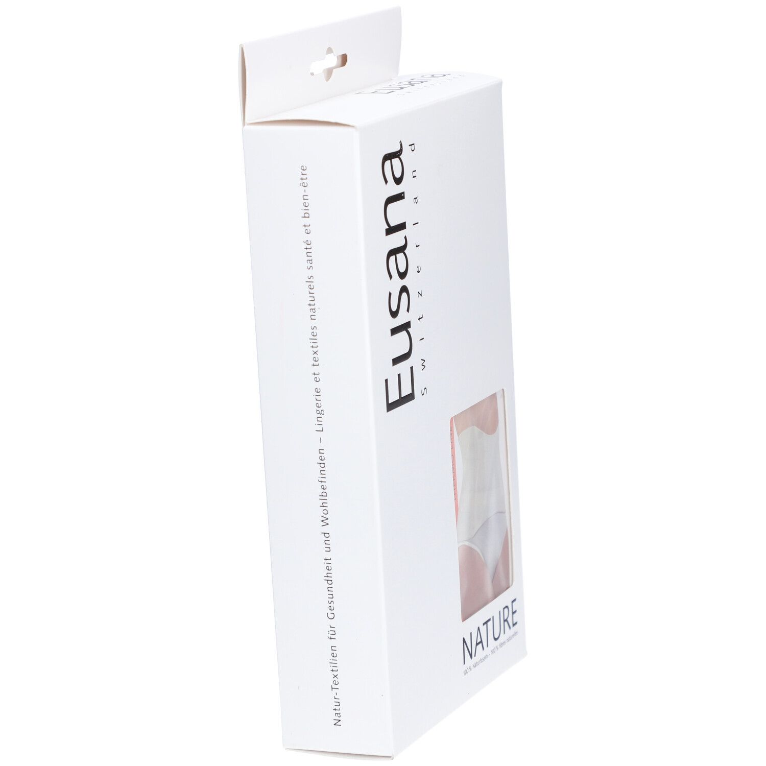 Emballage blanc incliné. Logo Eusana. Fenêtre avec illustration du produit. Texte : NATURE.