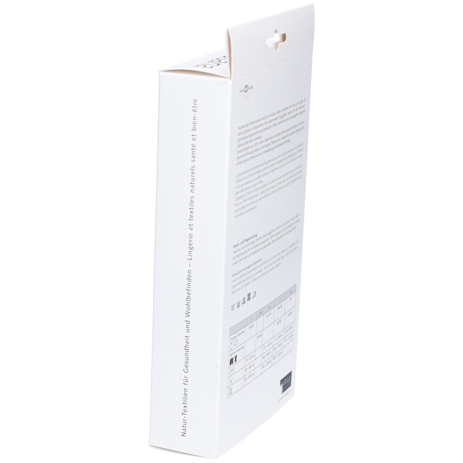 Emballage incliné. Texte en allemand, français, italien. Symboles de lavage. Tableau des tailles.